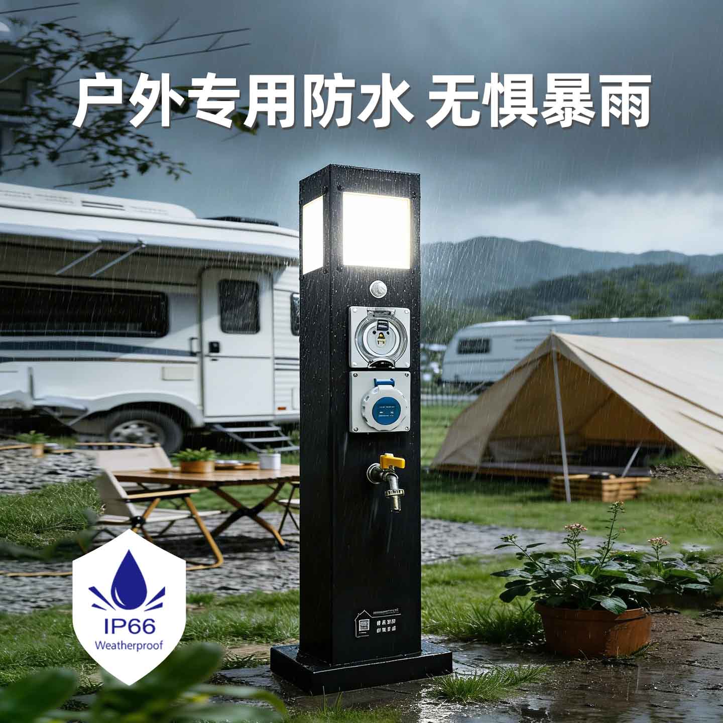 極亞智能黑色款 IP66 防水水電樁，露營場景供電供水設備