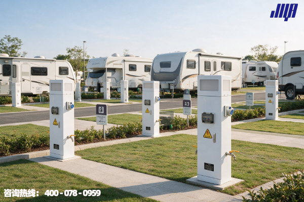 駱駝灣房車營(yíng)地標(biāo)準(zhǔn)化水電樁，配備低溫防凍加熱模塊